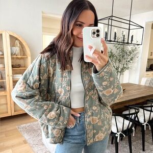Forever 21 Green Floral Quilted Puffer Jacket